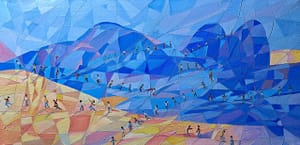 characters evolve in an abstract landscape